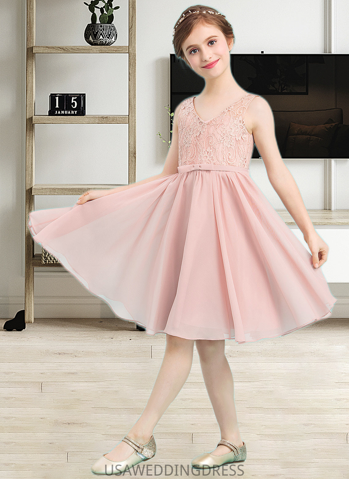 Raven A-Line V-neck Knee-Length Chiffon Junior Bridesmaid Dress With Bow(s) DSP0013586