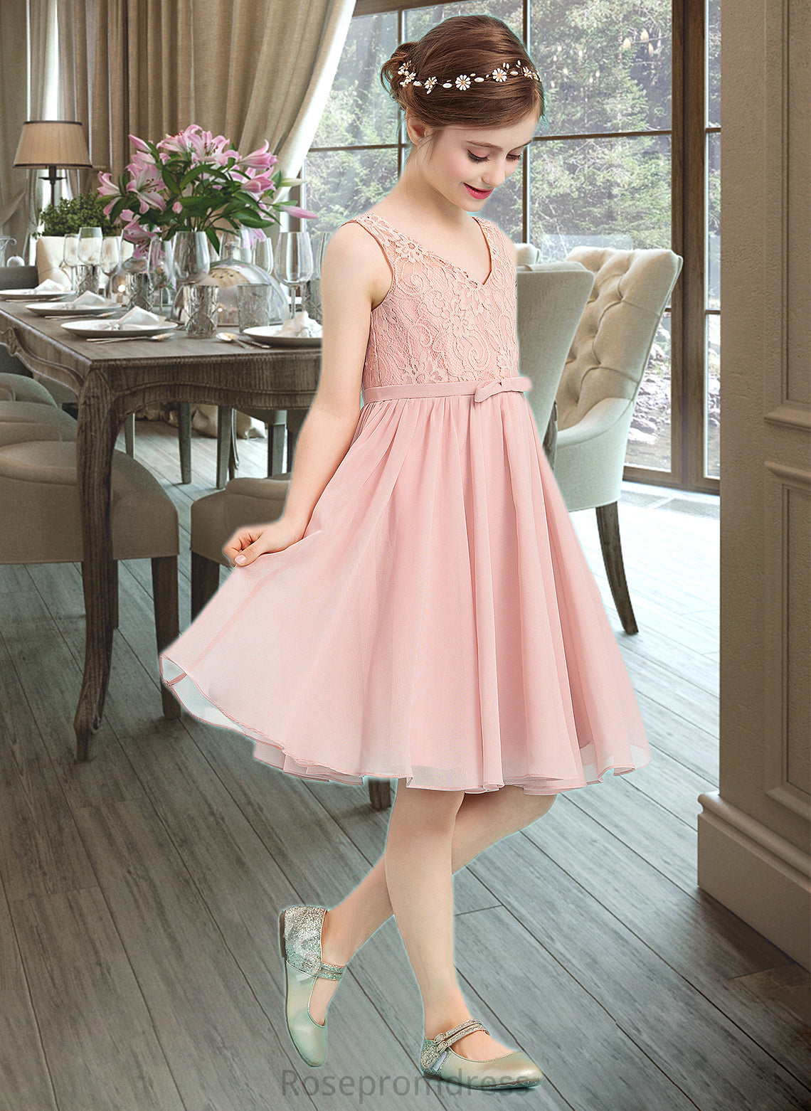 Claire A-Line V-neck Knee-Length Chiffon Junior Bridesmaid Dress With Bow(s) SRSP0013586