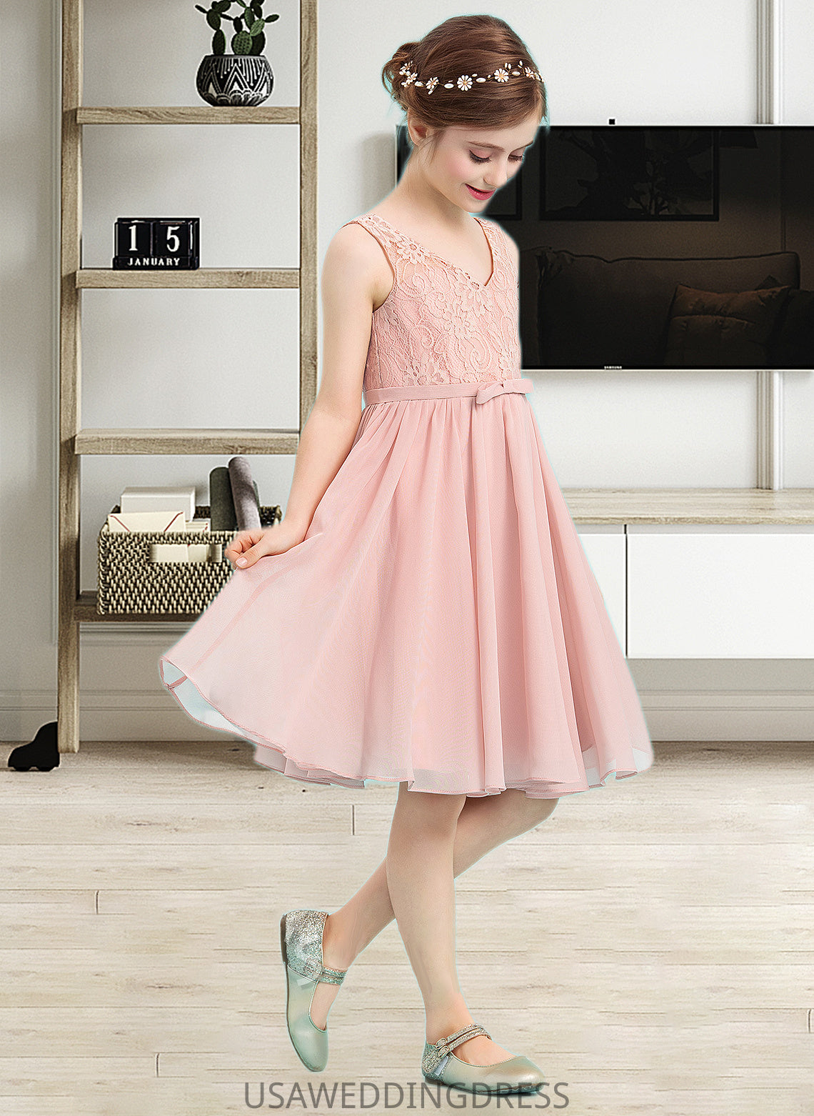 Raven A-Line V-neck Knee-Length Chiffon Junior Bridesmaid Dress With Bow(s) DSP0013586