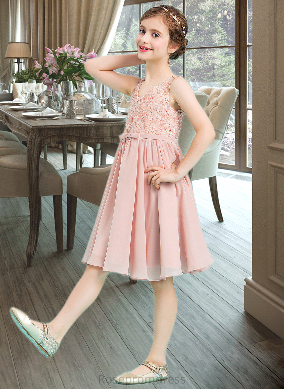 Claire A-Line V-neck Knee-Length Chiffon Junior Bridesmaid Dress With Bow(s) SRSP0013586