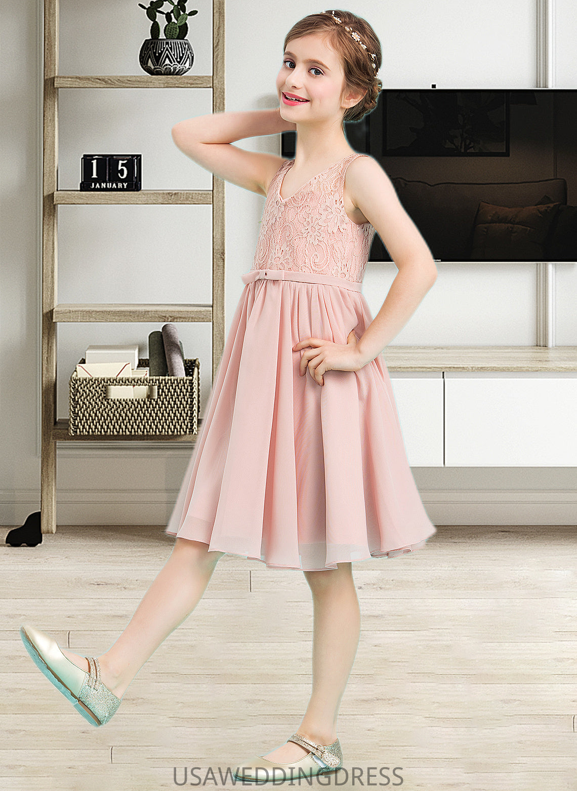 Raven A-Line V-neck Knee-Length Chiffon Junior Bridesmaid Dress With Bow(s) DSP0013586