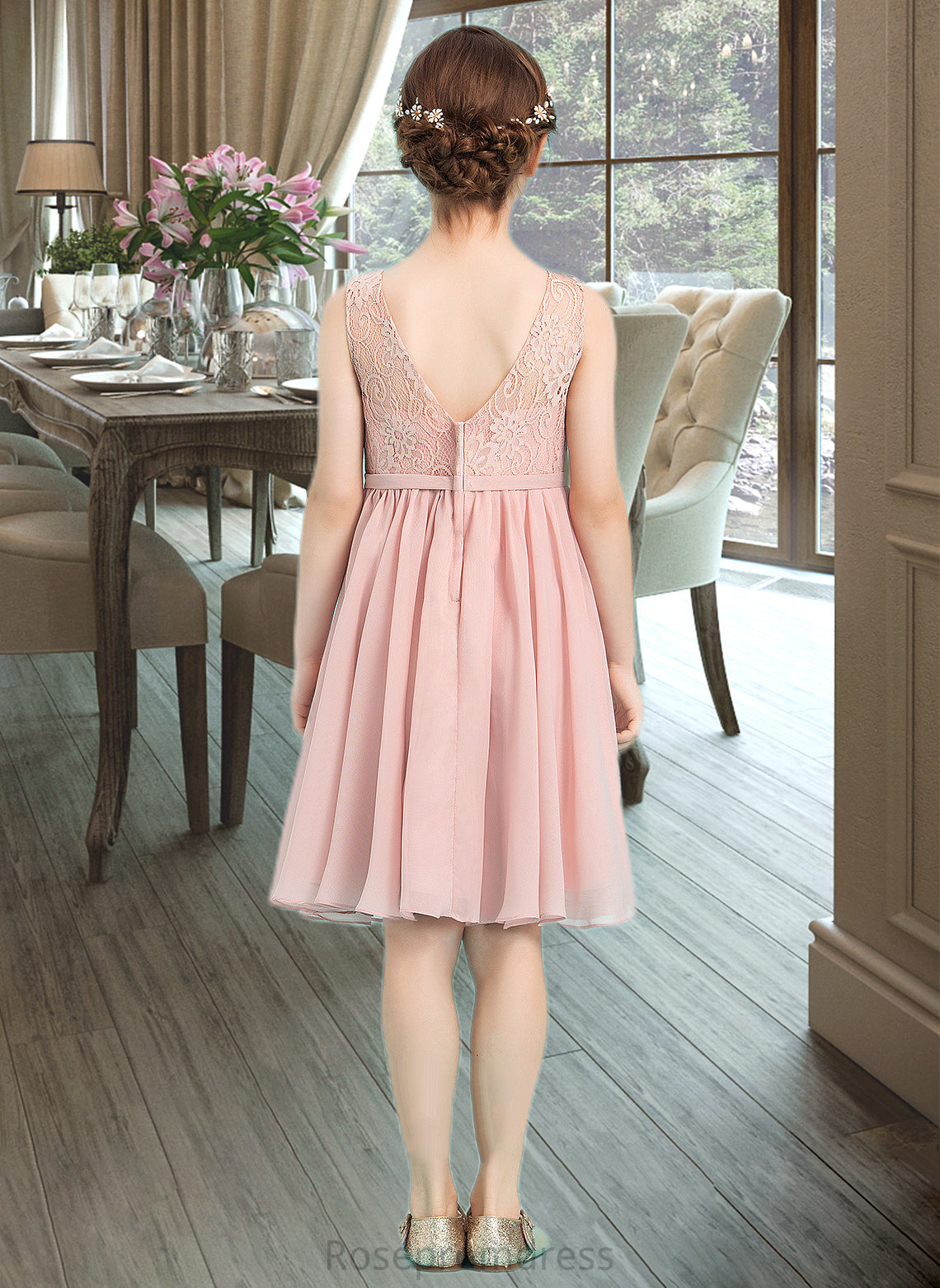 Claire A-Line V-neck Knee-Length Chiffon Junior Bridesmaid Dress With Bow(s) SRSP0013586