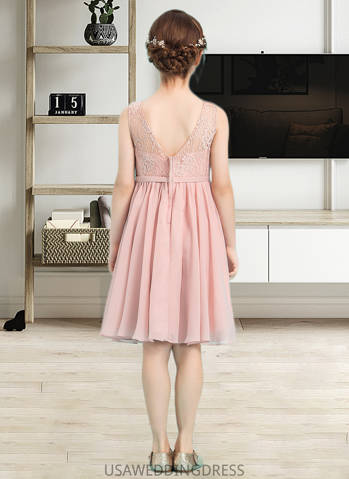 Raven A-Line V-neck Knee-Length Chiffon Junior Bridesmaid Dress With Bow(s) DSP0013586