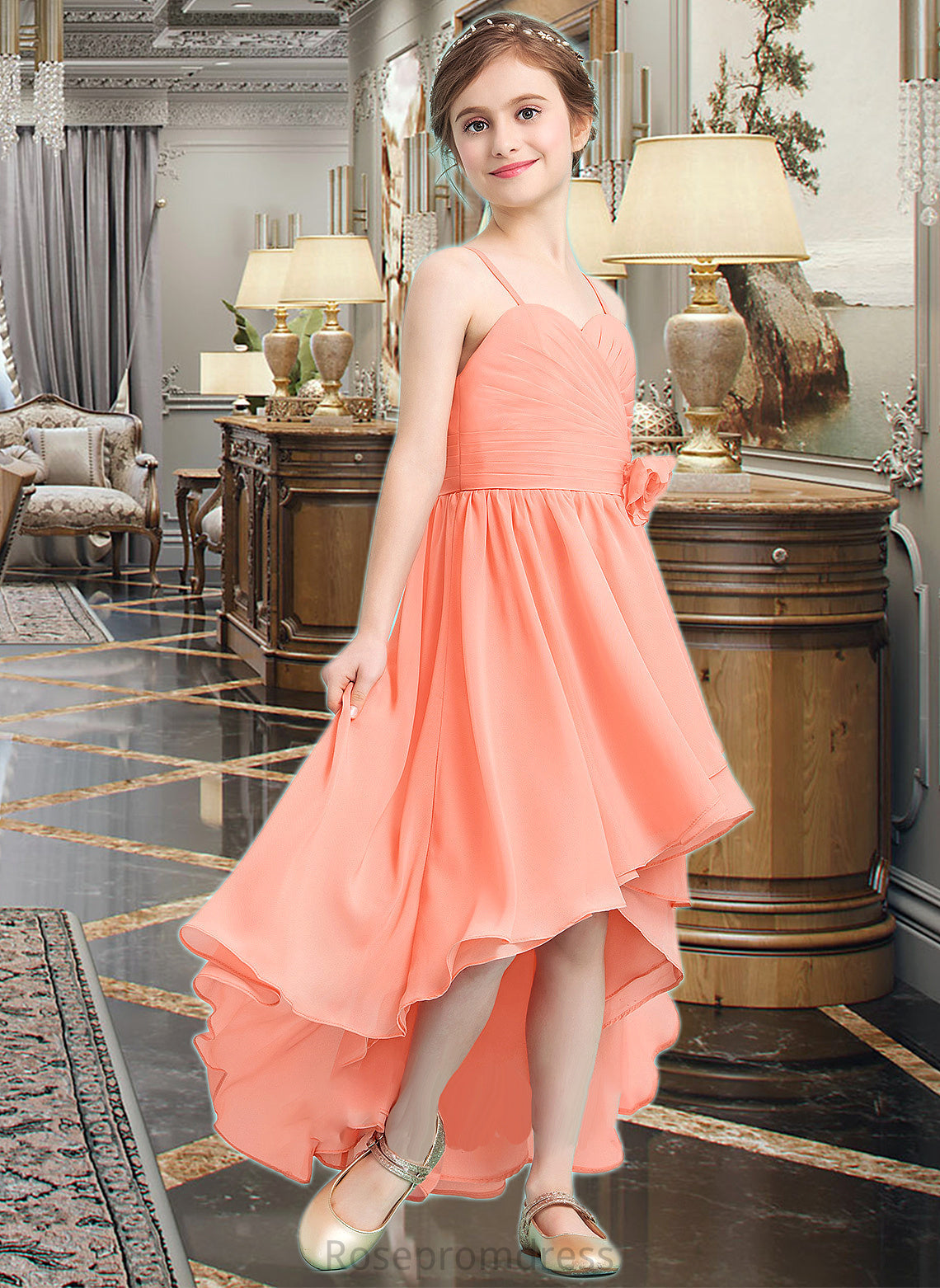 Hillary A-Line Sweetheart Asymmetrical Chiffon Junior Bridesmaid Dress With Ruffle Flower(s) SRSP0013587