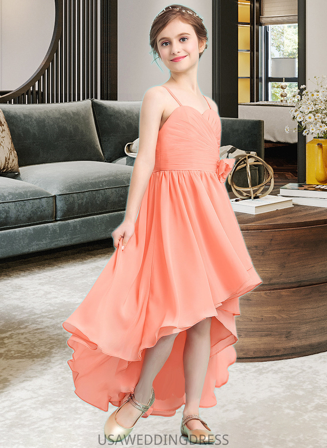 Alexia A-Line Sweetheart Asymmetrical Chiffon Junior Bridesmaid Dress With Ruffle Flower(s) DSP0013587