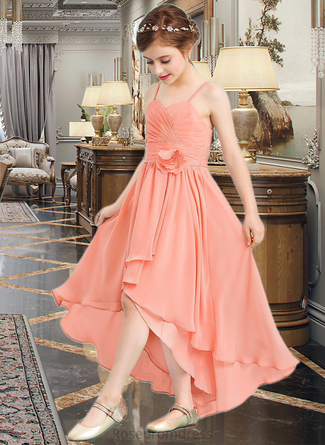 Hillary A-Line Sweetheart Asymmetrical Chiffon Junior Bridesmaid Dress With Ruffle Flower(s) SRSP0013587