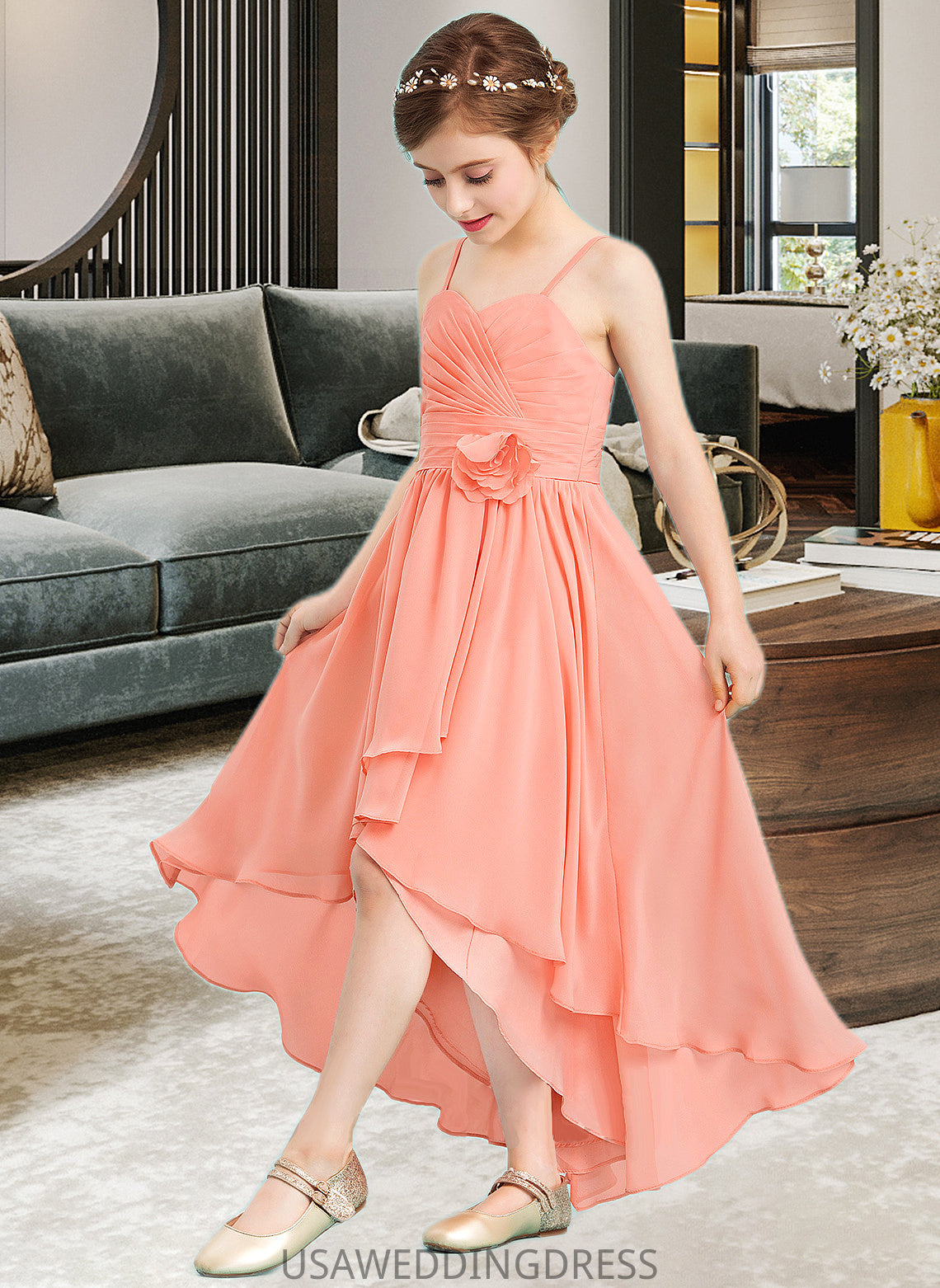 Alexia A-Line Sweetheart Asymmetrical Chiffon Junior Bridesmaid Dress With Ruffle Flower(s) DSP0013587