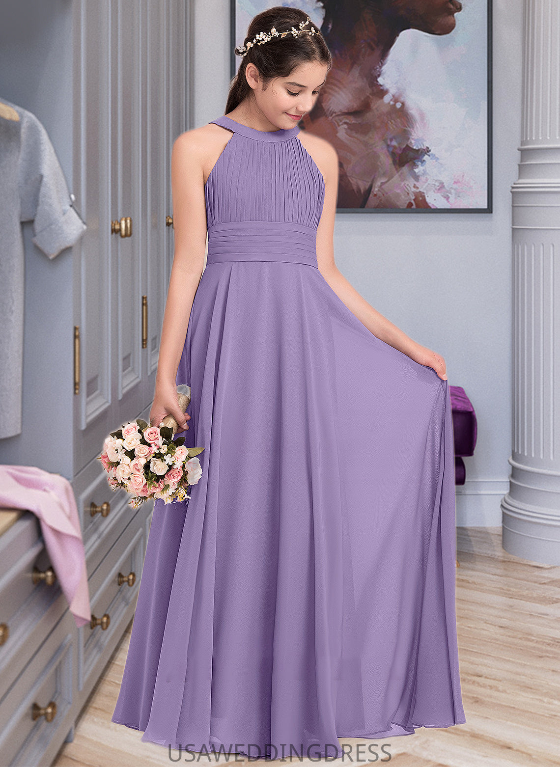 Aliza A-Line Scoop Neck Floor-Length Chiffon Junior Bridesmaid Dress With Ruffle DSP0013588