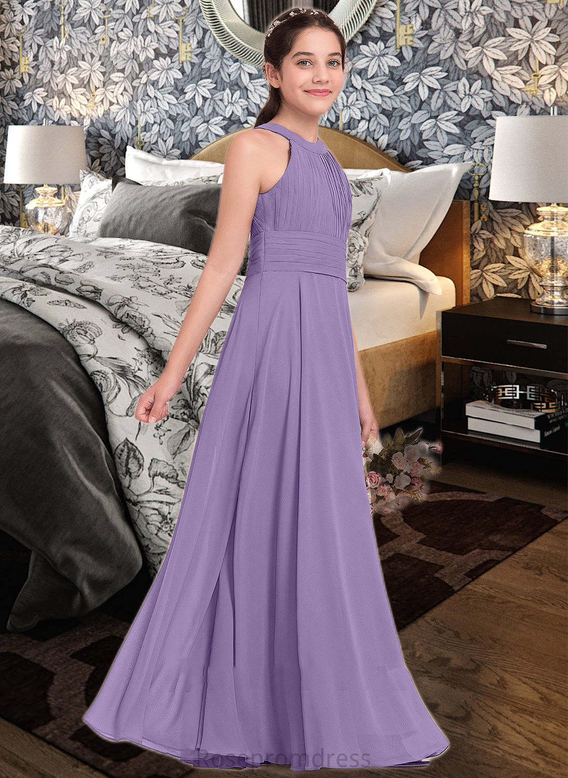 Abigayle A-Line Scoop Neck Floor-Length Chiffon Junior Bridesmaid Dress With Ruffle SRSP0013588