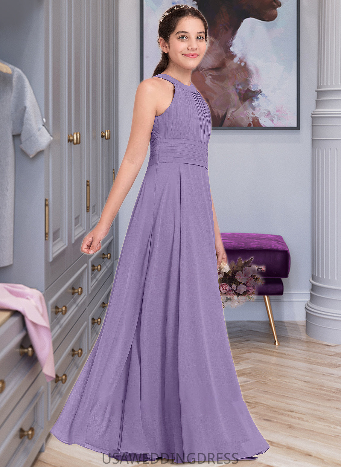 Aliza A-Line Scoop Neck Floor-Length Chiffon Junior Bridesmaid Dress With Ruffle DSP0013588