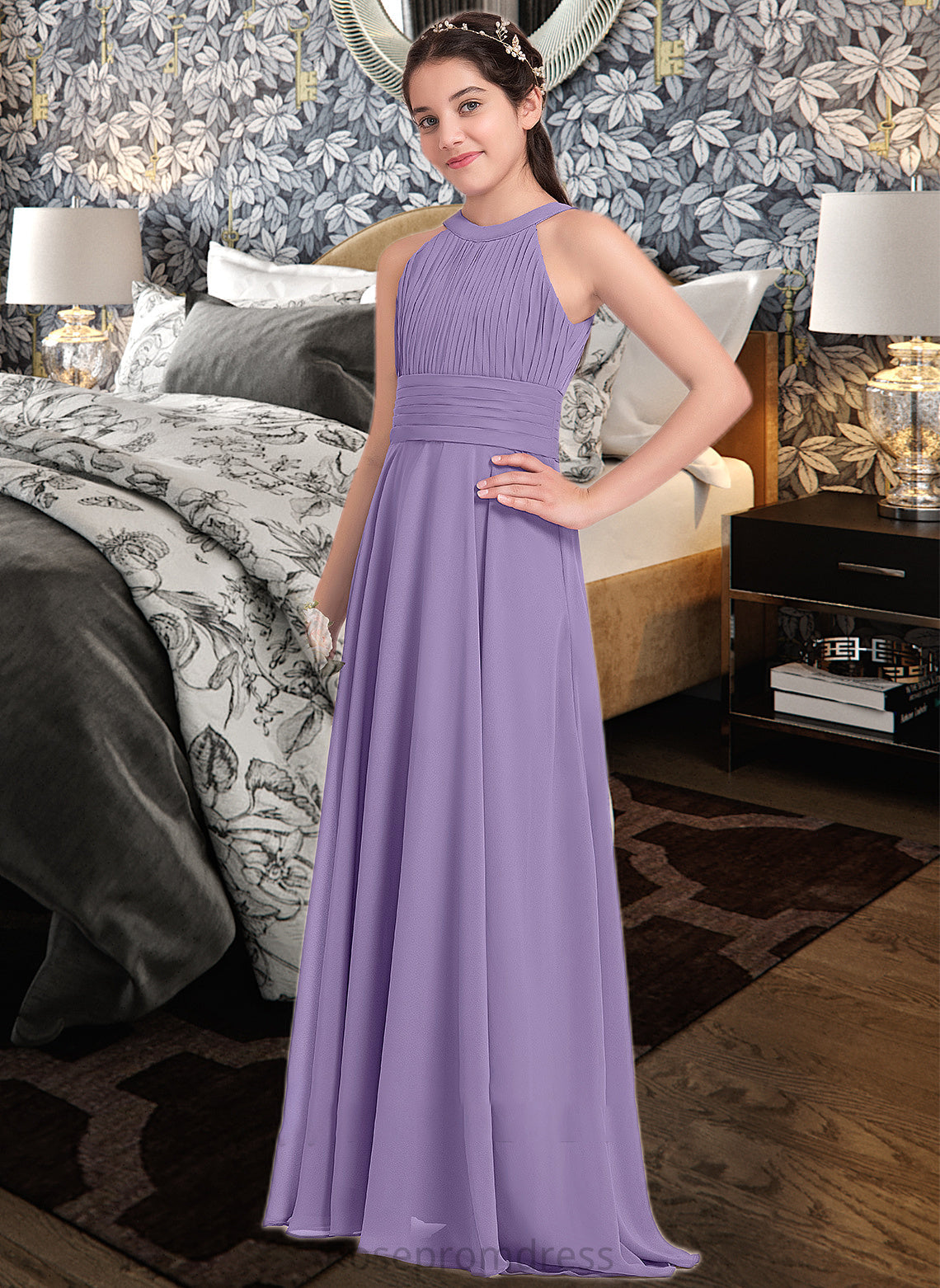 Abigayle A-Line Scoop Neck Floor-Length Chiffon Junior Bridesmaid Dress With Ruffle SRSP0013588