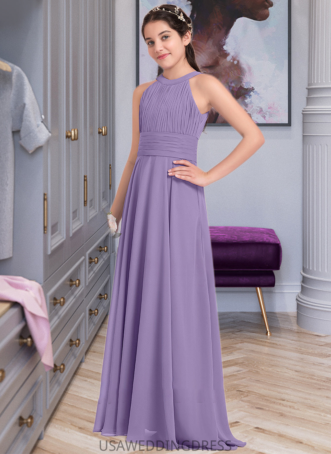 Aliza A-Line Scoop Neck Floor-Length Chiffon Junior Bridesmaid Dress With Ruffle DSP0013588