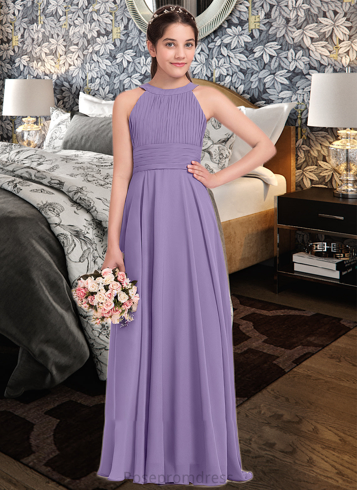 Abigayle A-Line Scoop Neck Floor-Length Chiffon Junior Bridesmaid Dress With Ruffle SRSP0013588