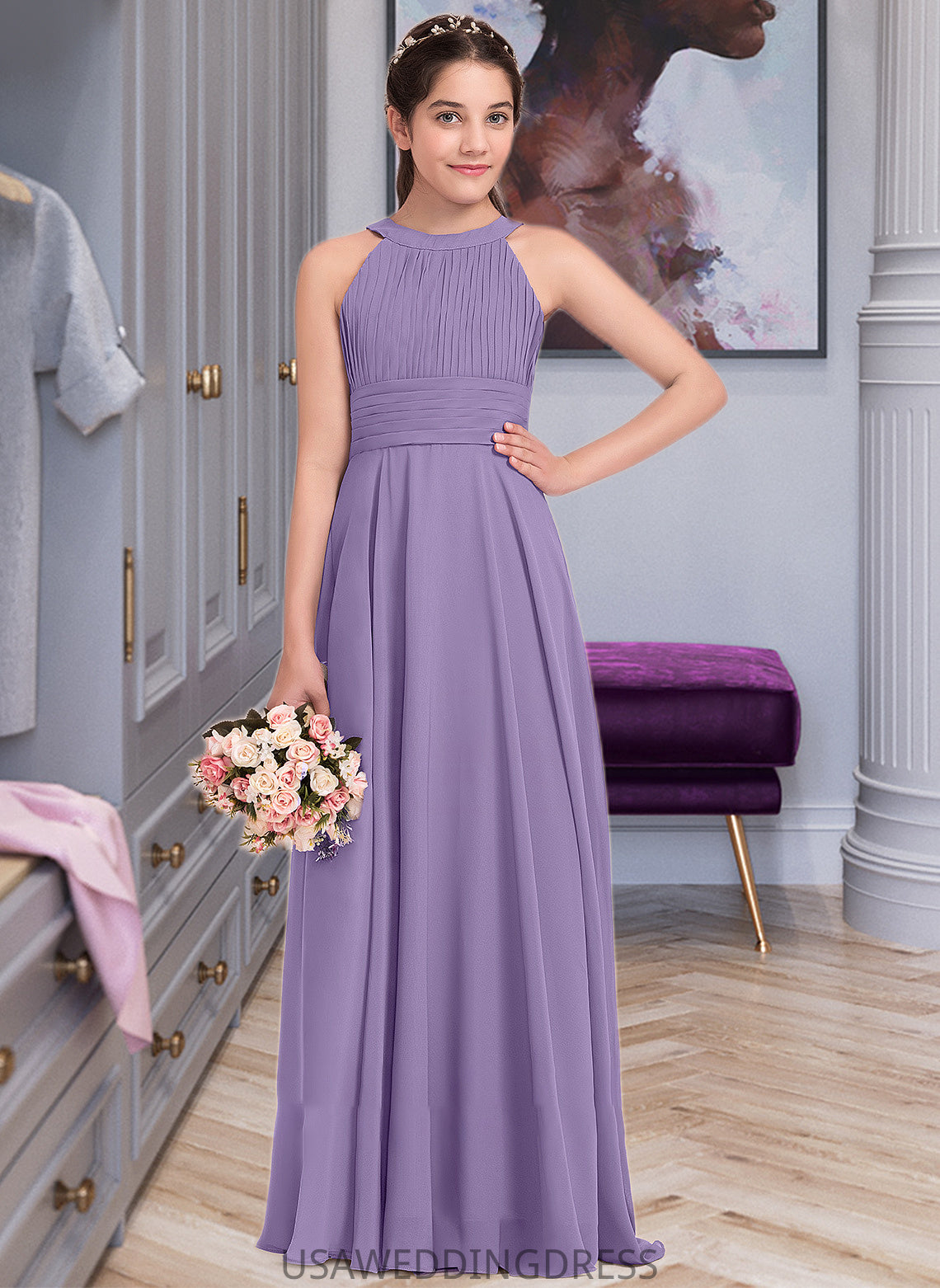 Aliza A-Line Scoop Neck Floor-Length Chiffon Junior Bridesmaid Dress With Ruffle DSP0013588