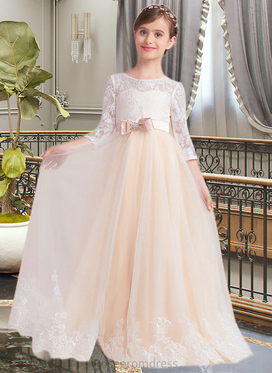 Carla Ball-Gown/Princess Scoop Neck Floor-Length Tulle Lace Junior Bridesmaid Dress With Sash Beading Bow(s) SRSP0013589