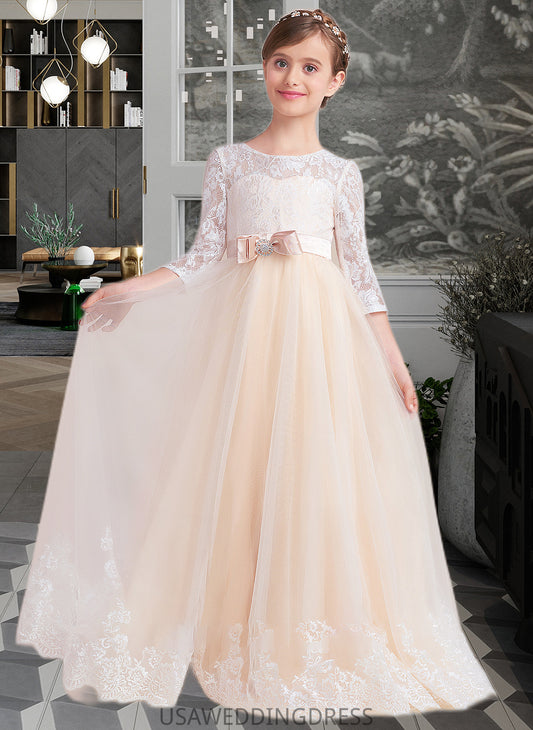 Gloria Ball-Gown/Princess Scoop Neck Floor-Length Tulle Lace Junior Bridesmaid Dress With Sash Beading Bow(s) DSP0013589