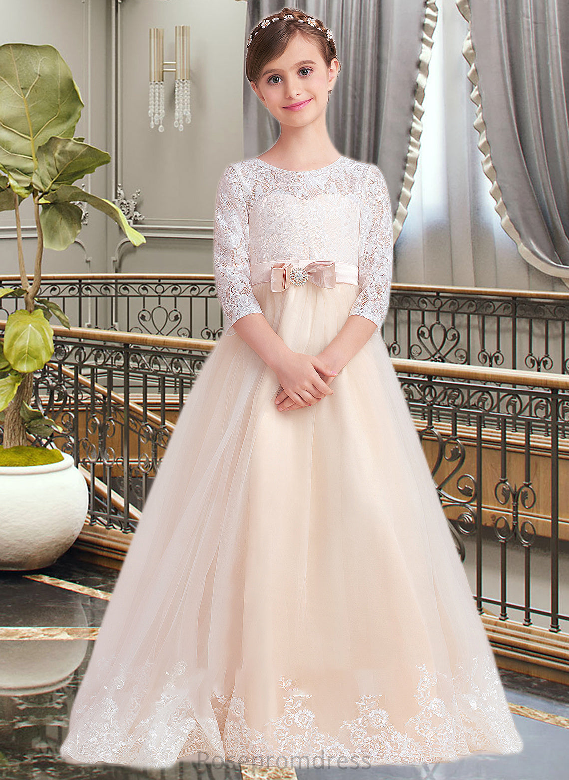 Carla Ball-Gown/Princess Scoop Neck Floor-Length Tulle Lace Junior Bridesmaid Dress With Sash Beading Bow(s) SRSP0013589