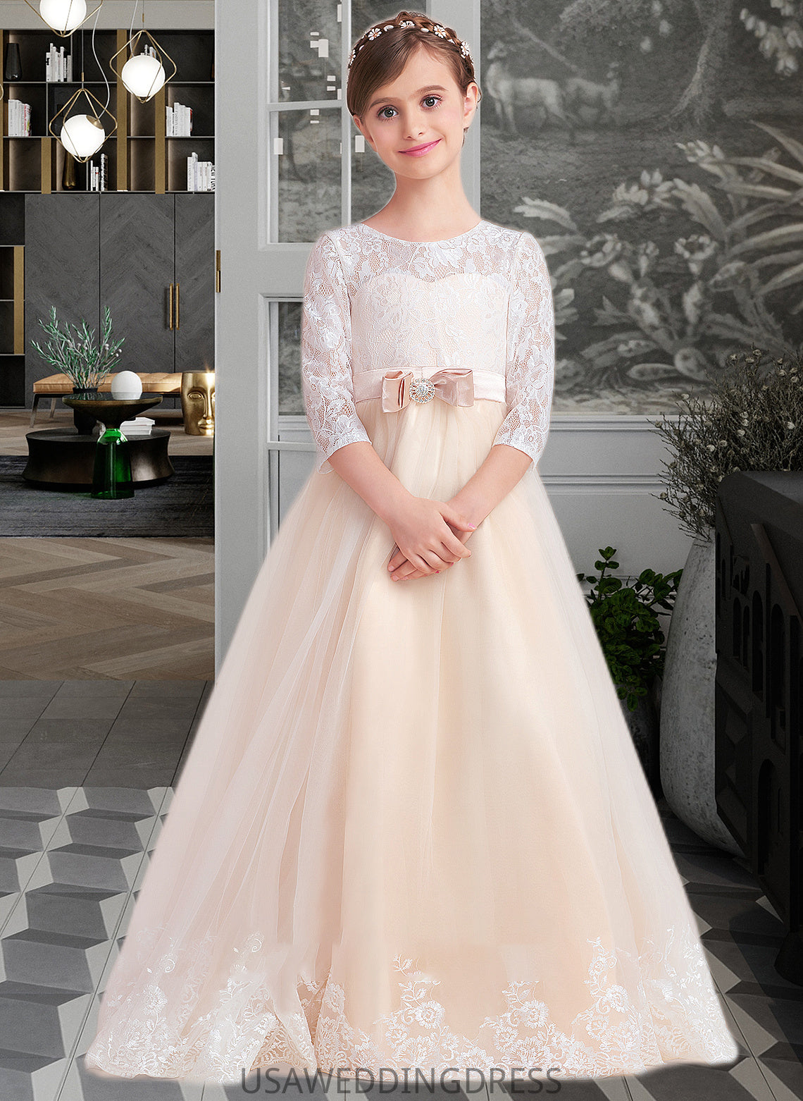 Gloria Ball-Gown/Princess Scoop Neck Floor-Length Tulle Lace Junior Bridesmaid Dress With Sash Beading Bow(s) DSP0013589