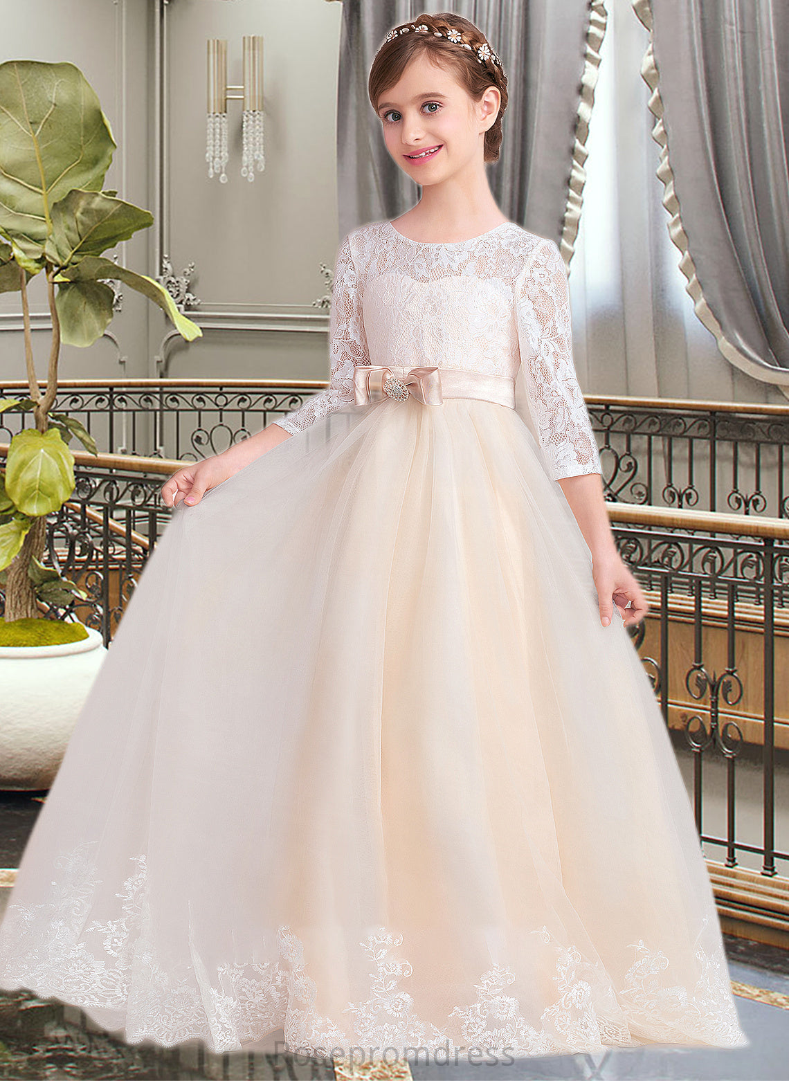 Carla Ball-Gown/Princess Scoop Neck Floor-Length Tulle Lace Junior Bridesmaid Dress With Sash Beading Bow(s) SRSP0013589