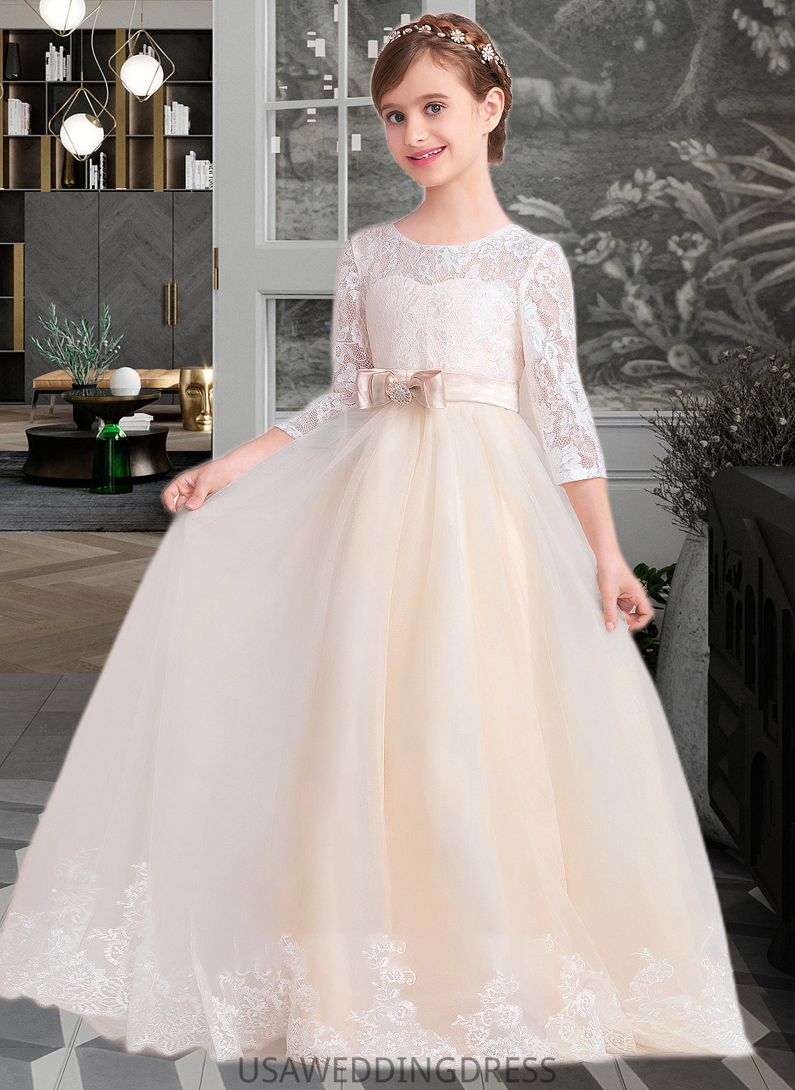 Gloria Ball-Gown/Princess Scoop Neck Floor-Length Tulle Lace Junior Bridesmaid Dress With Sash Beading Bow(s) DSP0013589