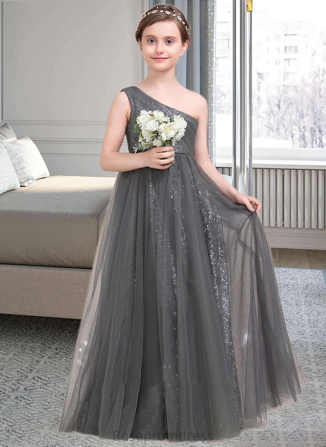 Annabelle A-Line One-Shoulder Floor-Length Tulle Sequined Junior Bridesmaid Dress With Ruffle SRSP0013592