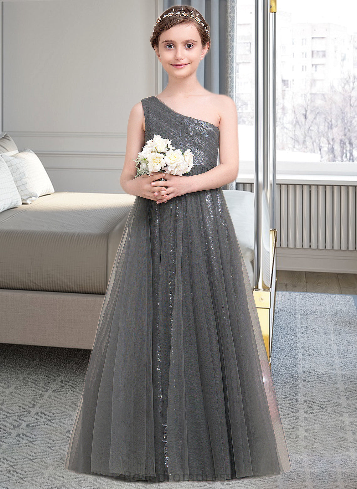 Annabelle A-Line One-Shoulder Floor-Length Tulle Sequined Junior Bridesmaid Dress With Ruffle SRSP0013592