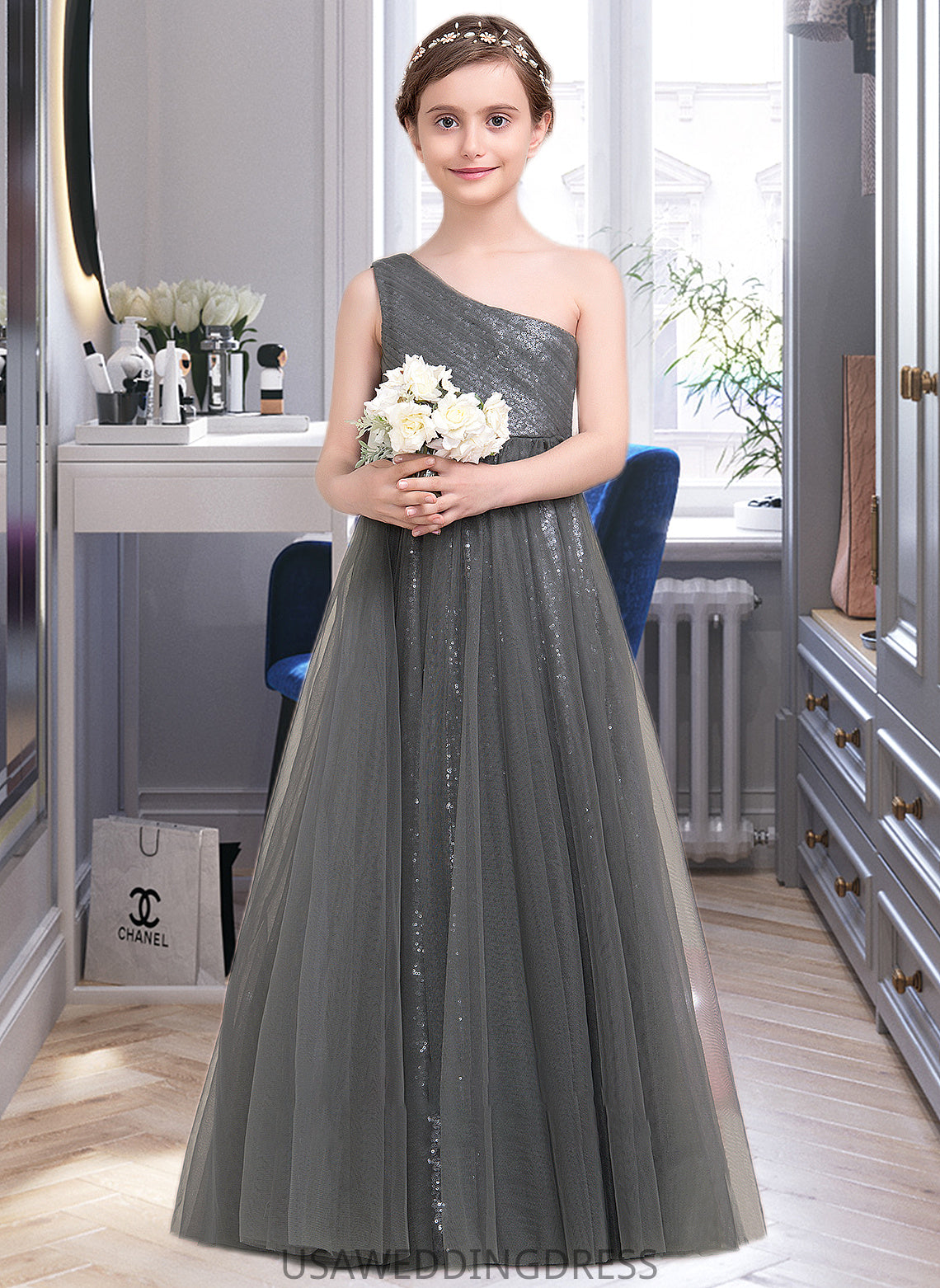 Valentina A-Line One-Shoulder Floor-Length Tulle Sequined Junior Bridesmaid Dress With Ruffle DSP0013592