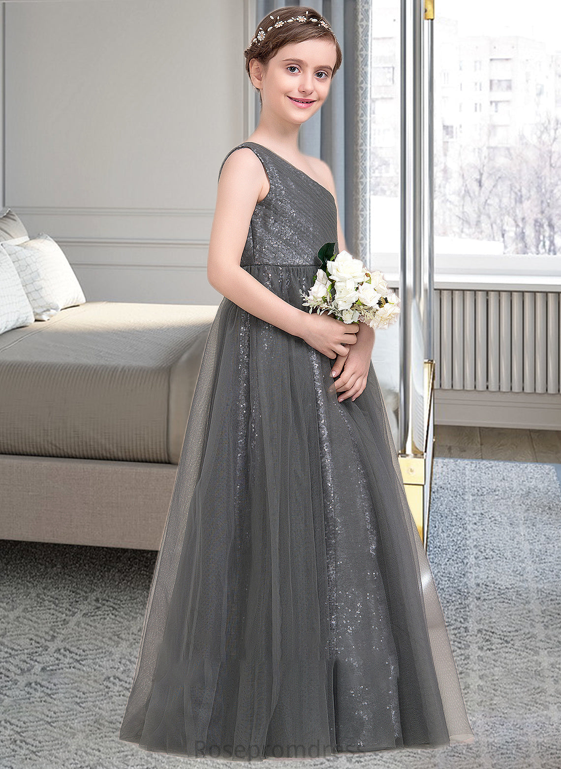 Annabelle A-Line One-Shoulder Floor-Length Tulle Sequined Junior Bridesmaid Dress With Ruffle SRSP0013592