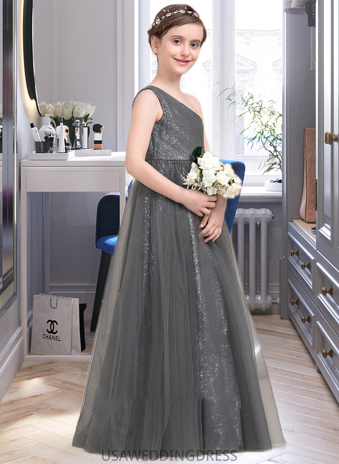 Valentina A-Line One-Shoulder Floor-Length Tulle Sequined Junior Bridesmaid Dress With Ruffle DSP0013592