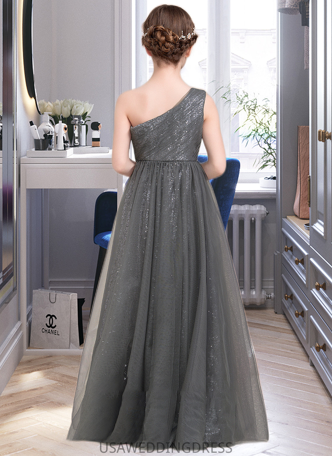 Valentina A-Line One-Shoulder Floor-Length Tulle Sequined Junior Bridesmaid Dress With Ruffle DSP0013592