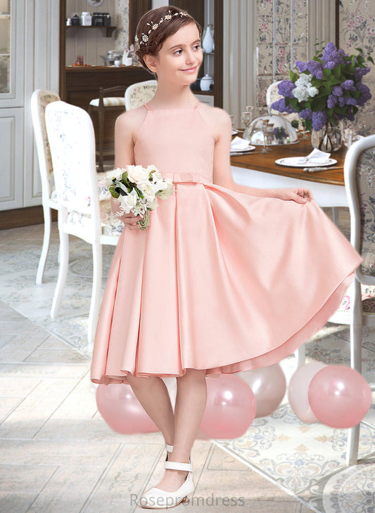 Jessica A-Line Square Neckline Knee-Length Satin Junior Bridesmaid Dress With Bow(s) SRSP0013593