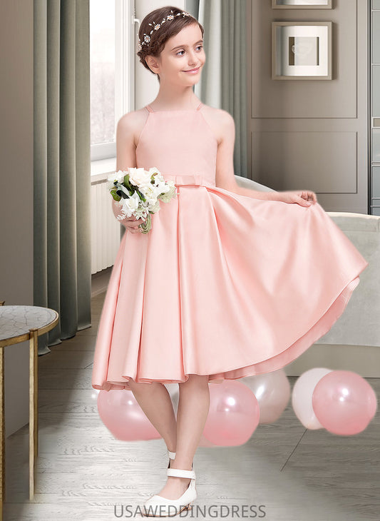 Nan A-Line Square Neckline Knee-Length Satin Junior Bridesmaid Dress With Bow(s) DSP0013593