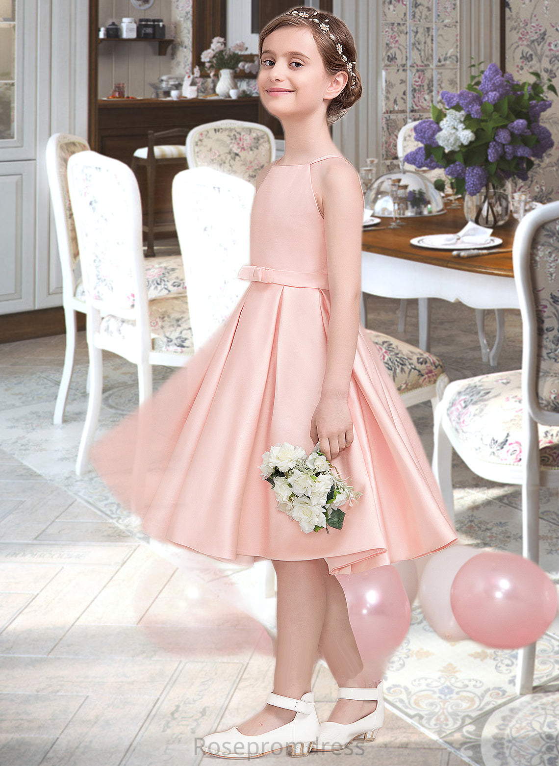 Jessica A-Line Square Neckline Knee-Length Satin Junior Bridesmaid Dress With Bow(s) SRSP0013593