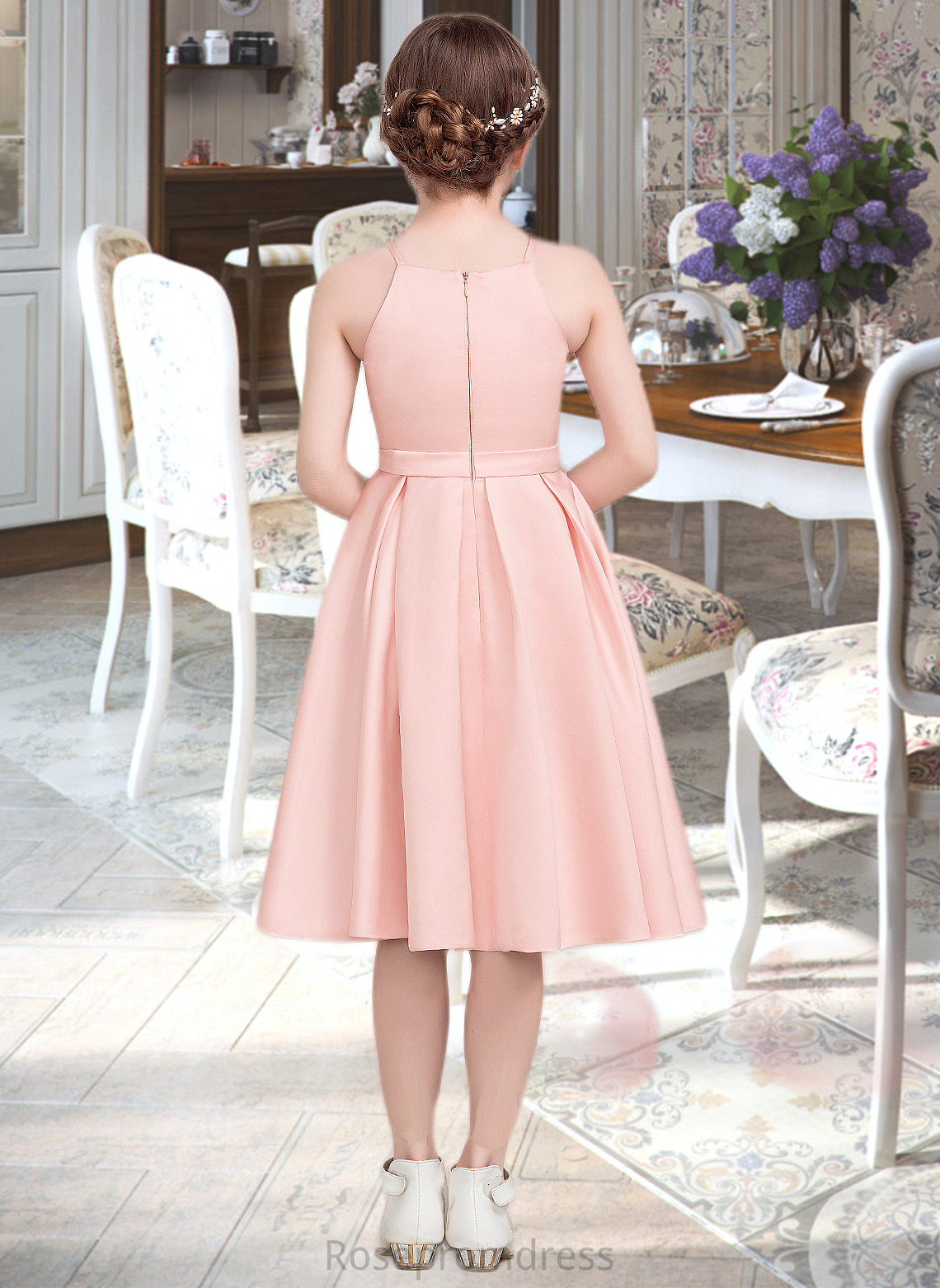 Jessica A-Line Square Neckline Knee-Length Satin Junior Bridesmaid Dress With Bow(s) SRSP0013593