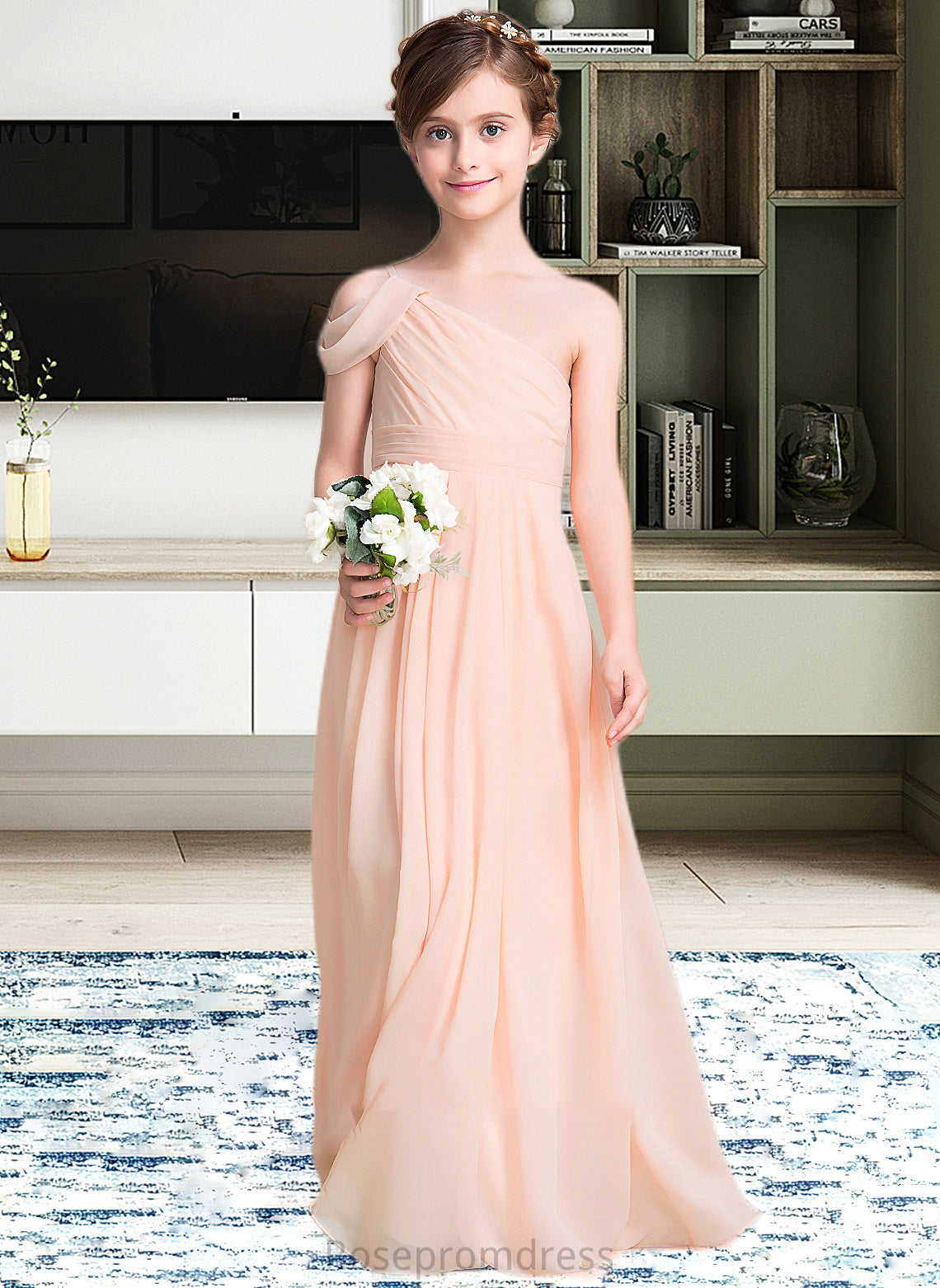 Liberty A-Line One-Shoulder Floor-Length Chiffon Junior Bridesmaid Dress With Ruffle SRSP0013594