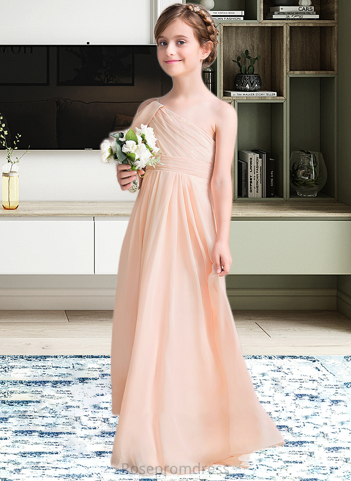 Liberty A-Line One-Shoulder Floor-Length Chiffon Junior Bridesmaid Dress With Ruffle SRSP0013594