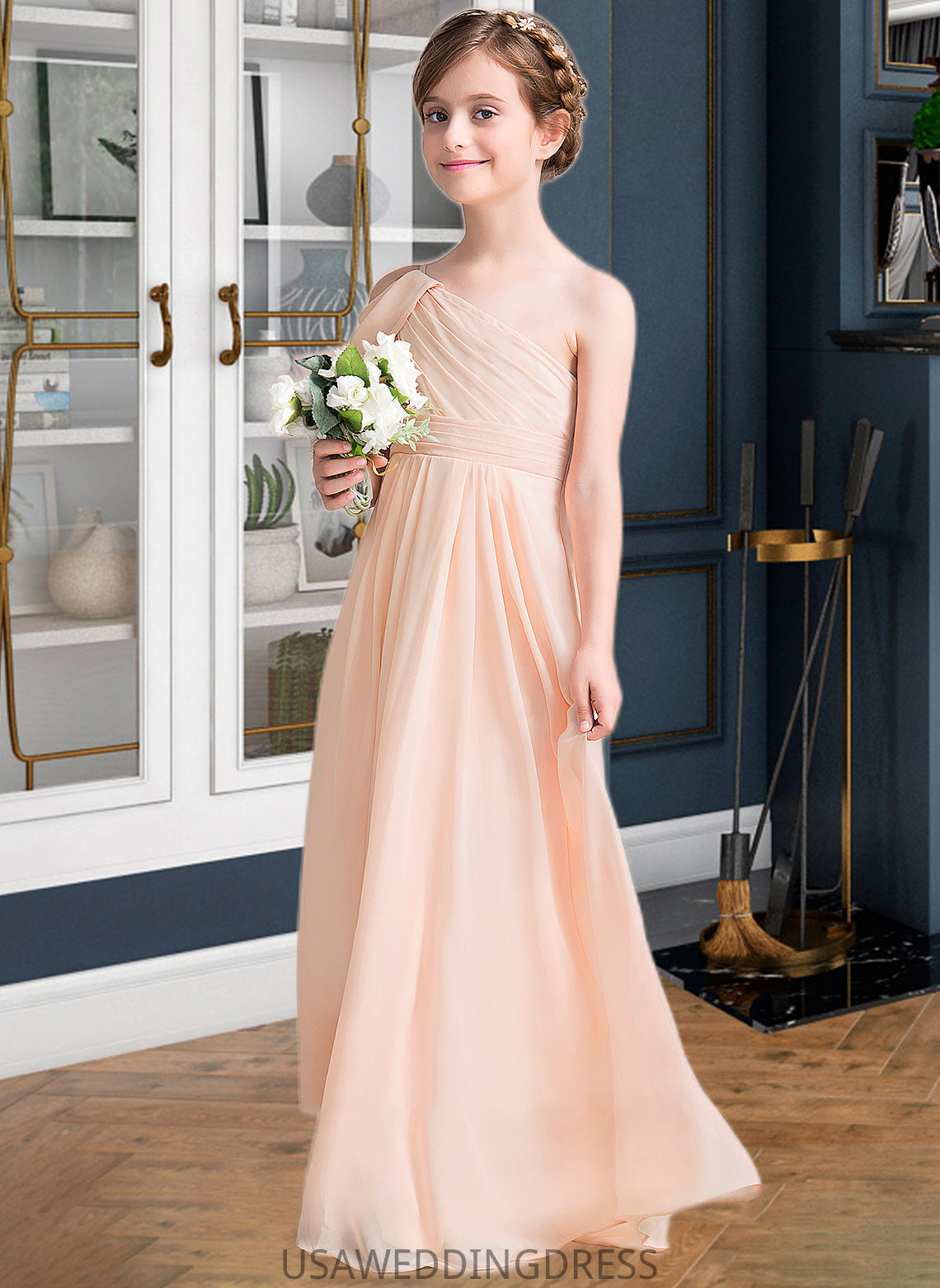 Haylie A-Line One-Shoulder Floor-Length Chiffon Junior Bridesmaid Dress With Ruffle DSP0013594