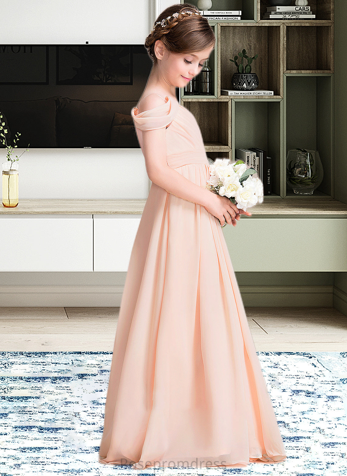 Liberty A-Line One-Shoulder Floor-Length Chiffon Junior Bridesmaid Dress With Ruffle SRSP0013594