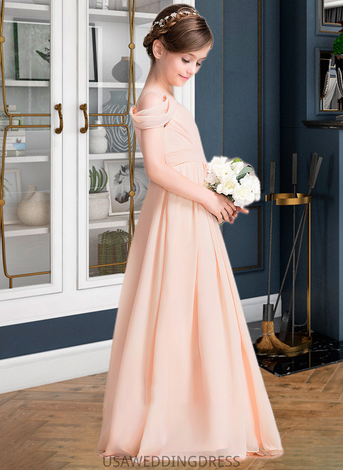 Haylie A-Line One-Shoulder Floor-Length Chiffon Junior Bridesmaid Dress With Ruffle DSP0013594