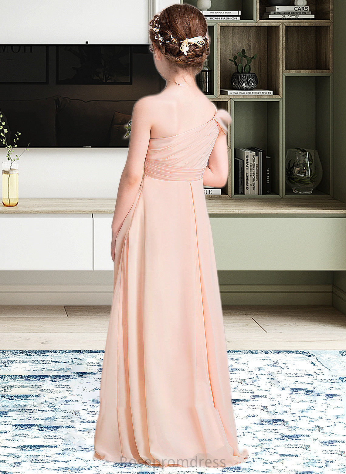 Liberty A-Line One-Shoulder Floor-Length Chiffon Junior Bridesmaid Dress With Ruffle SRSP0013594