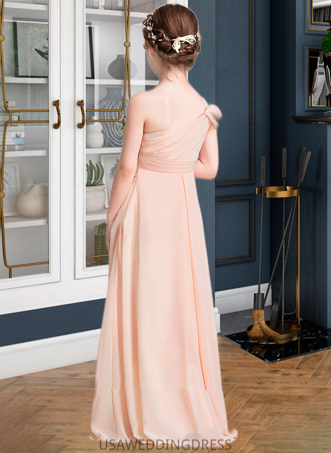 Haylie A-Line One-Shoulder Floor-Length Chiffon Junior Bridesmaid Dress With Ruffle DSP0013594