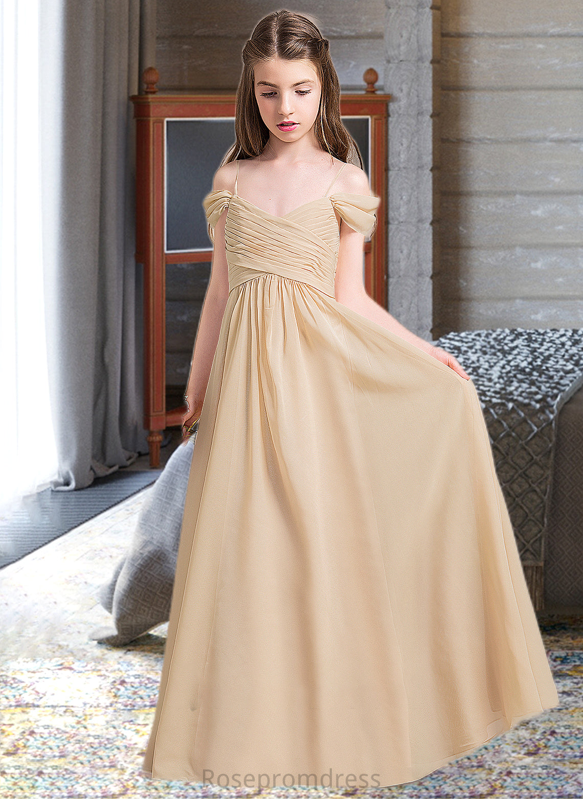 Lindsey A-Line Off-the-Shoulder Floor-Length Chiffon Junior Bridesmaid Dress With Ruffle SRSP0013595