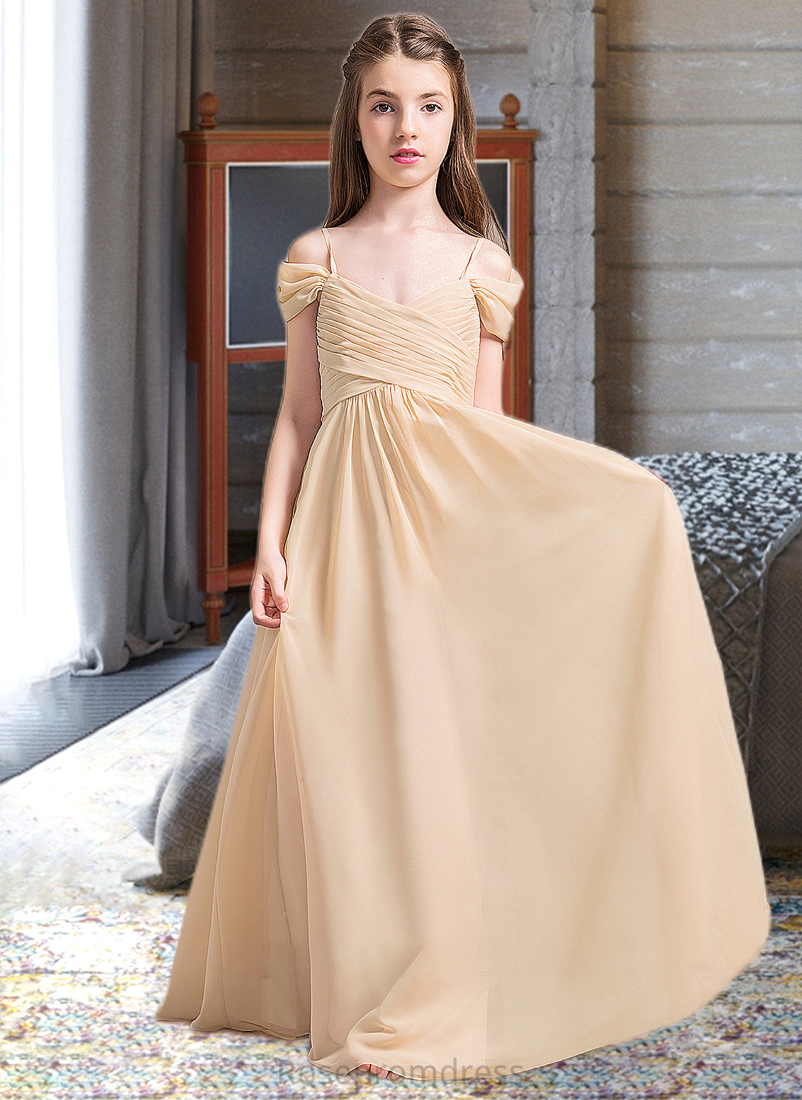 Lindsey A-Line Off-the-Shoulder Floor-Length Chiffon Junior Bridesmaid Dress With Ruffle SRSP0013595