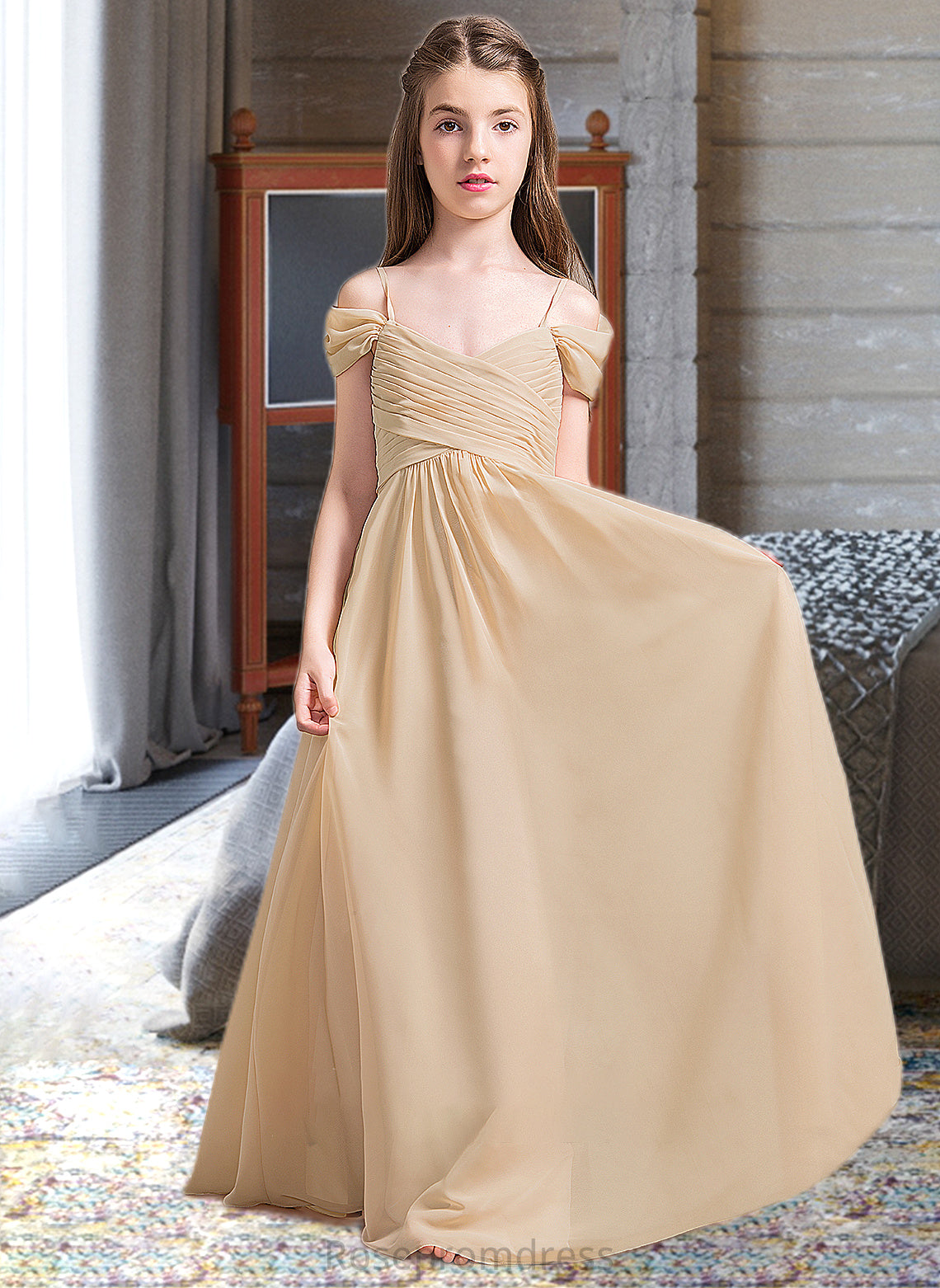 Lindsey A-Line Off-the-Shoulder Floor-Length Chiffon Junior Bridesmaid Dress With Ruffle SRSP0013595