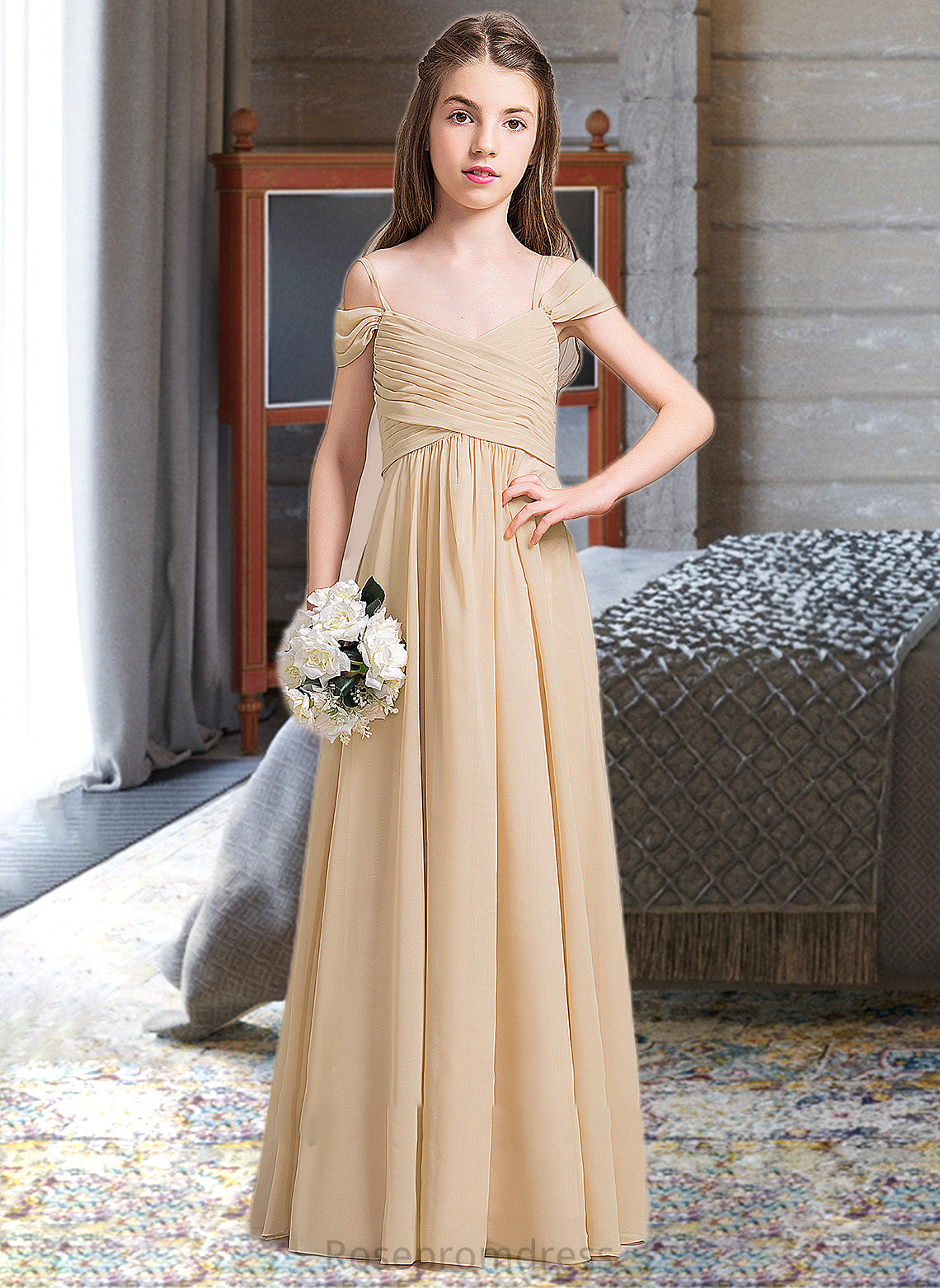 Lindsey A-Line Off-the-Shoulder Floor-Length Chiffon Junior Bridesmaid Dress With Ruffle SRSP0013595