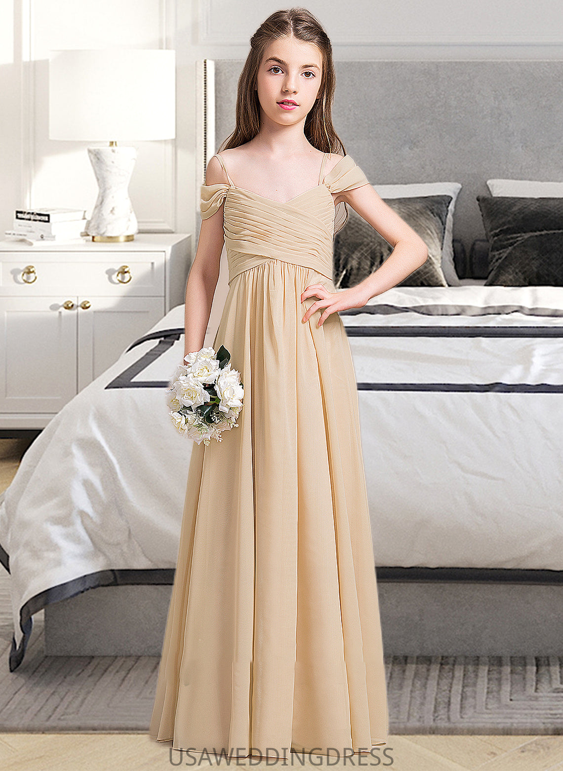 Aliya A-Line Off-the-Shoulder Floor-Length Chiffon Junior Bridesmaid Dress With Ruffle DSP0013595