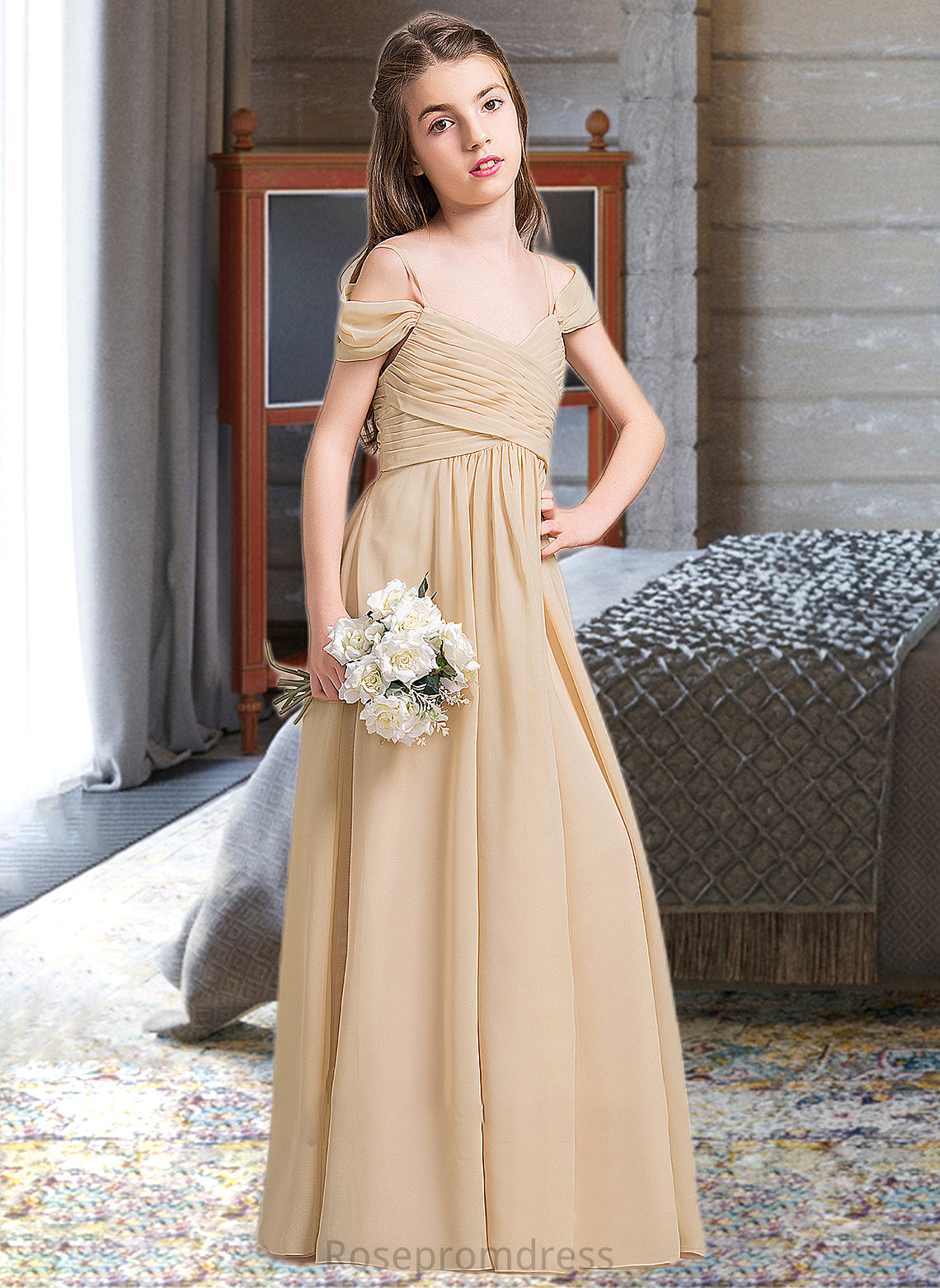 Lindsey A-Line Off-the-Shoulder Floor-Length Chiffon Junior Bridesmaid Dress With Ruffle SRSP0013595