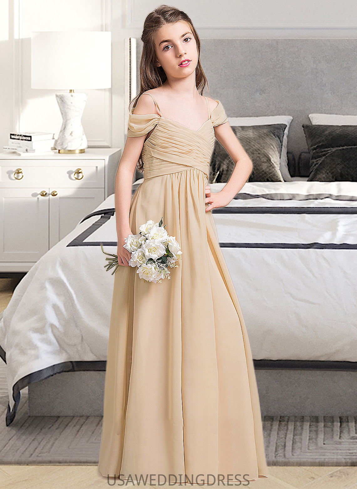 Aliya A-Line Off-the-Shoulder Floor-Length Chiffon Junior Bridesmaid Dress With Ruffle DSP0013595