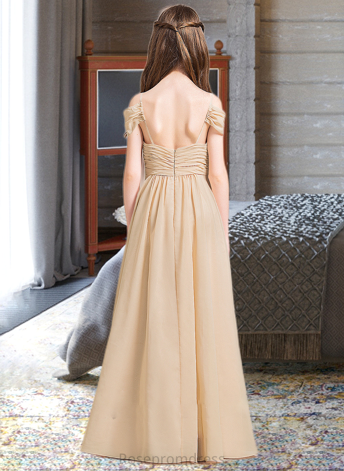 Lindsey A-Line Off-the-Shoulder Floor-Length Chiffon Junior Bridesmaid Dress With Ruffle SRSP0013595