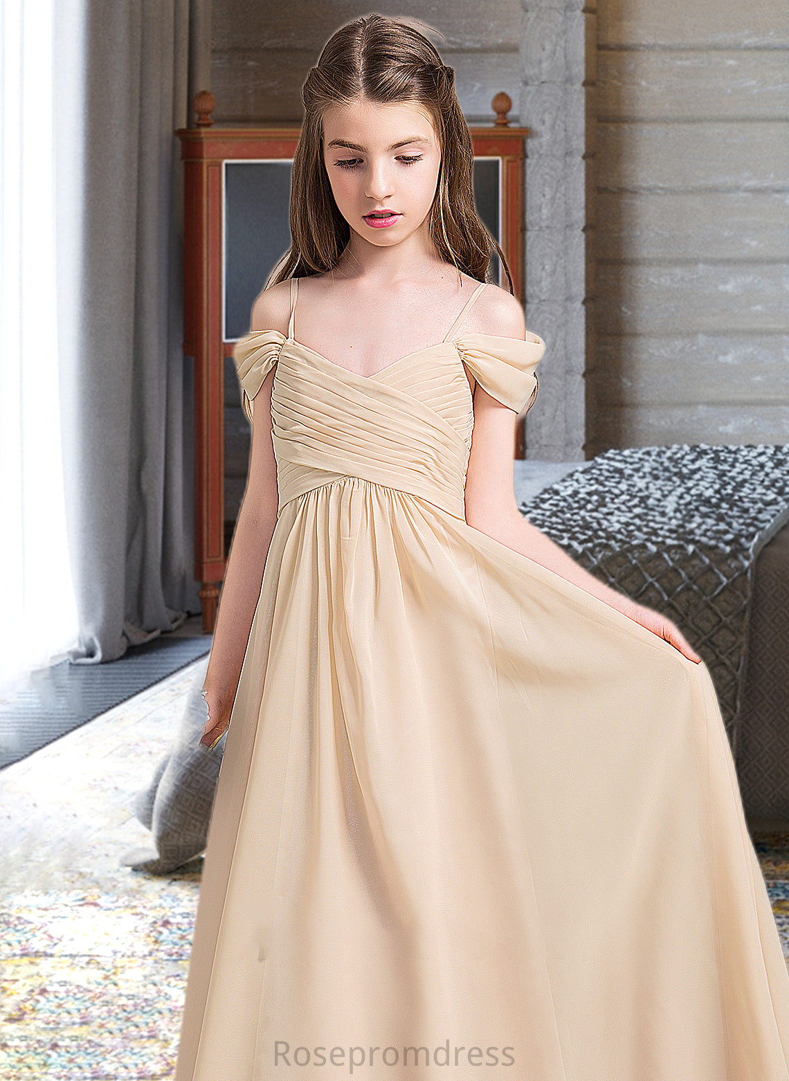 Lindsey A-Line Off-the-Shoulder Floor-Length Chiffon Junior Bridesmaid Dress With Ruffle SRSP0013595